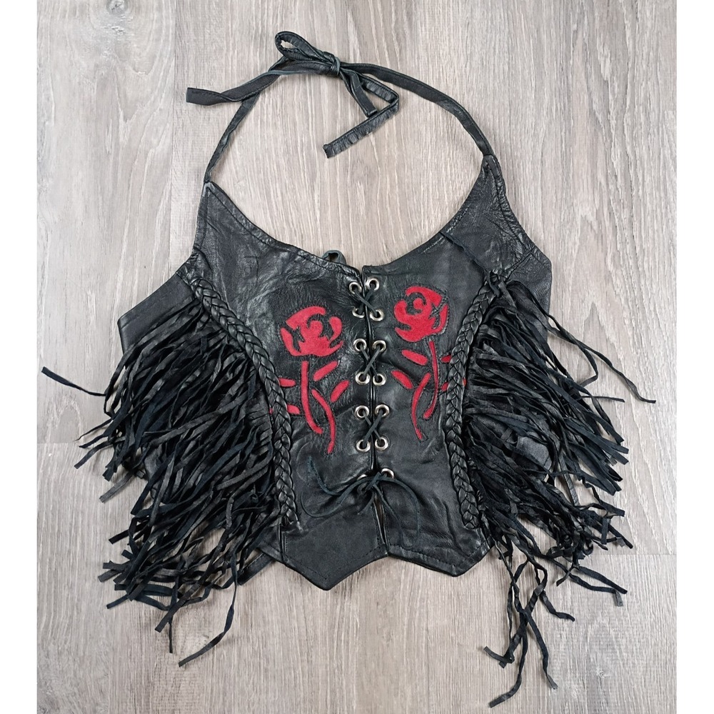 Womens Leather Like Lace Up Halter‎ Top Fringe and Suede Roses Motorcycle Biker